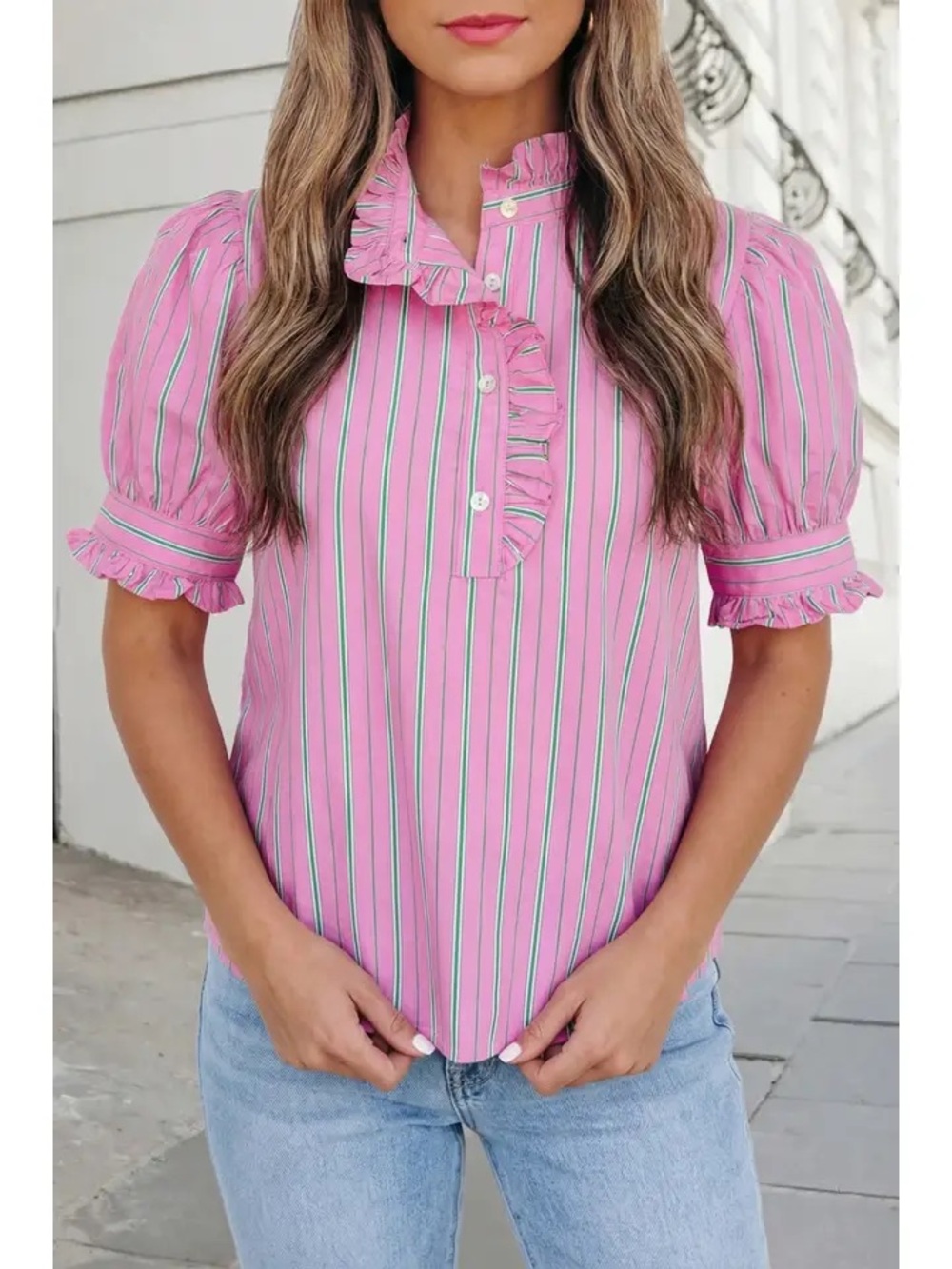 Entro Pink Striped Ruffle-Trim Blouse